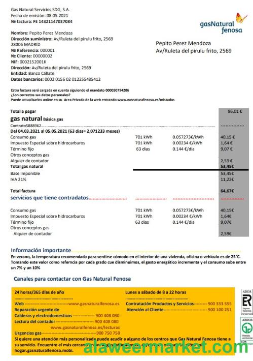 Spain gasNatural fenosa utility bill template in Word and PDF format